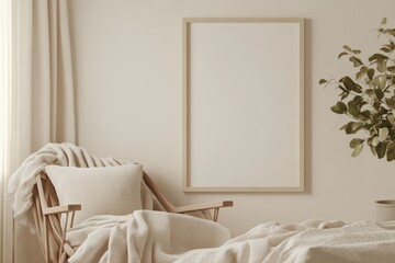 Minimalist Bedroom Interior with Blank Canvas, Wooden Chair and Plant - Mockup for Home Decor