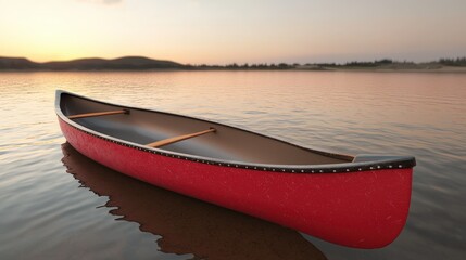 Red Canoe on Calm Lake at Sunset    Peaceful Nature Scene