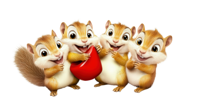 four cartoon chipmunks, laughing having fun, isolated, transparent, png, background