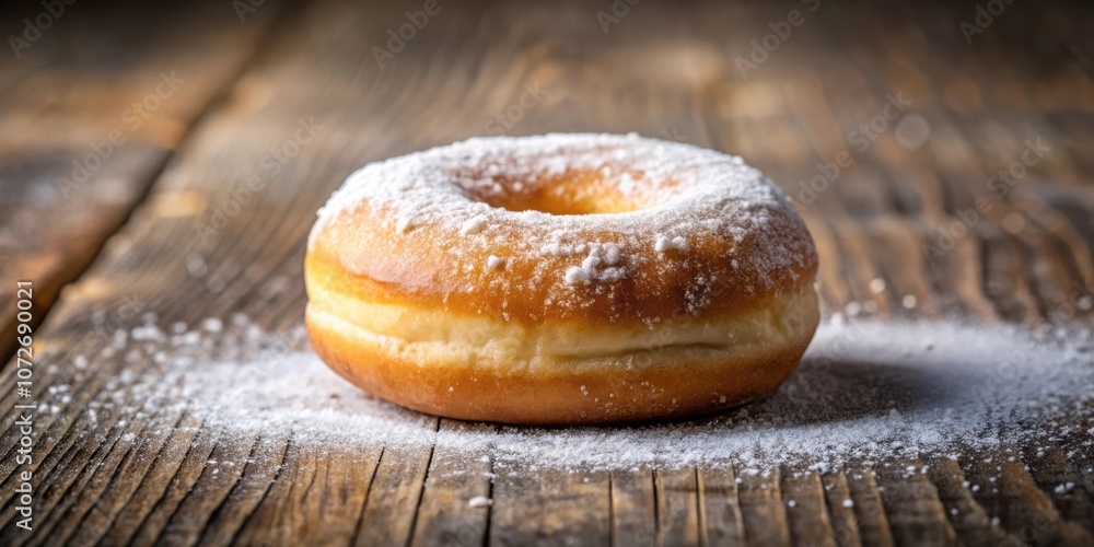 Poster a single, freshly baked donut dusted with powdered sugar, resting on a rustic wooden table, bathed i