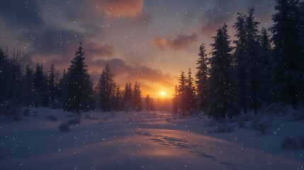 Fototapeta premium Winter sunset over snow-covered forest with falling snow