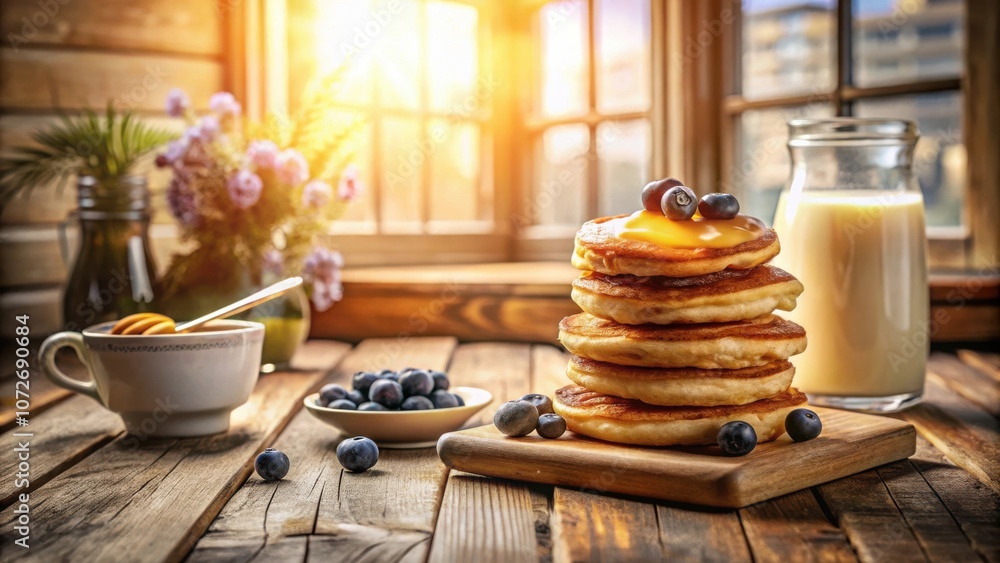 Aufkleber a stack of golden pancakes topped with blueberries and drizzled with honey sits on a rustic wooden t