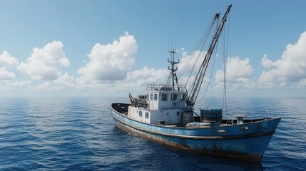 Fototapeta premium Fishing Boat in Open Ocean with Blue Sky and White Clouds