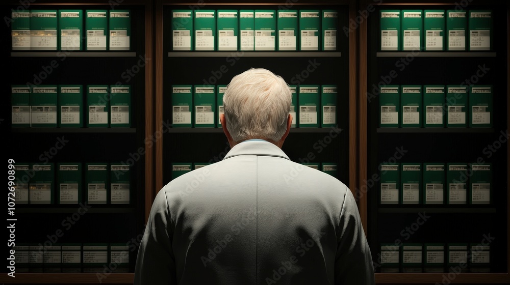 Aufkleber scientist analyzing data in laboratory with green boxes on shelves