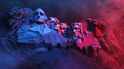 Dramatic Nighttime View of Mount Rushmore National Memorial with Red and Blue Lighting and Fog