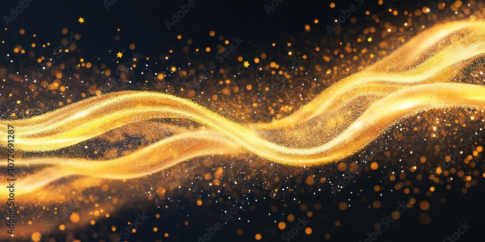 Poster abstract golden waves, glowing bright on black background. shining particles and stars create a dyna