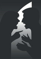 Silhouettes of quarreling couple with a knife on background as metaphor of a sharp family conflict.  Concept minimalistic vector illustration.