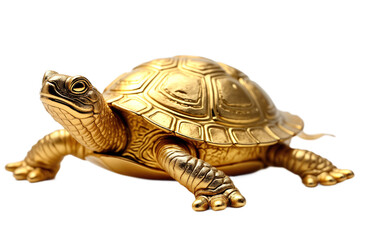 Obraz premium Golden turtle figurine isolated on isolated background. Reptilian animal of longevity, good luck in many cultures. Shell detailed, intricate, making beautiful decorative piece. Perfect for home decor,
