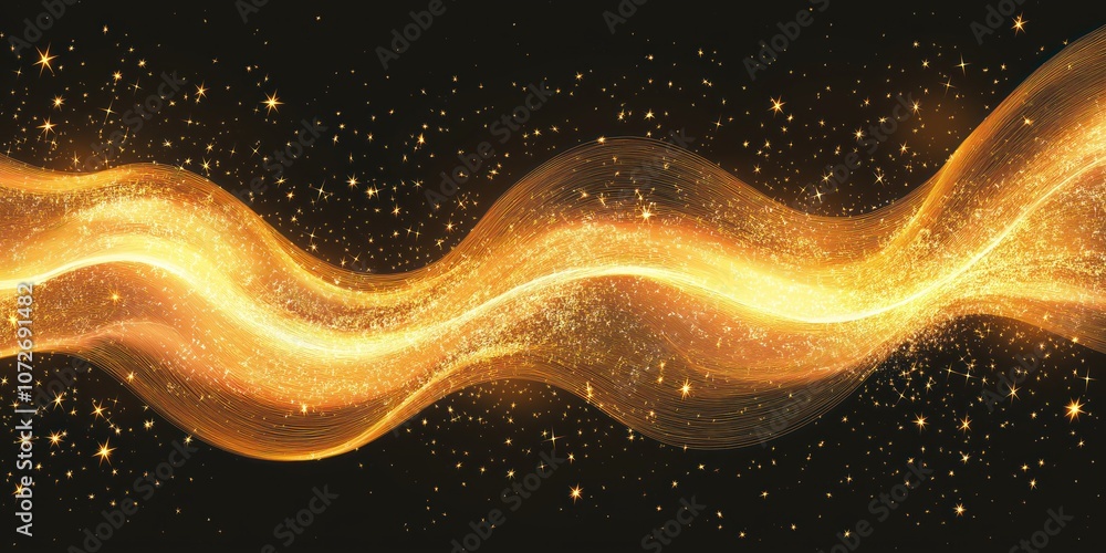 Poster abstract golden wave line with sparkling dust trail. glowing shiny motion, swirl. bright yellow back