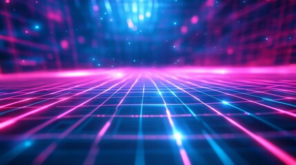 Vibrant Abstract Cosmic Landscape with Neon Grids and Bright Illuminations in Futuristic Style, Perfect for Tech and Digital Themes