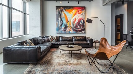 Modern living room featuring stylish furniture and vibrant artwork on display.