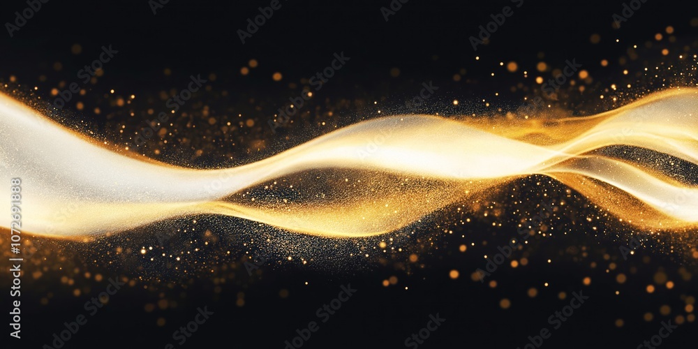 Poster Golden particles flow in wavy lines, creating a shining effect on black background. Abstract illustration of glittery dust. Bright, glowing, shiny energy stream in golden color.