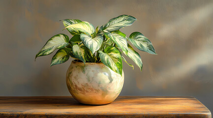 Bedroom Plant in Ceramic Vase on Wooden Table Highlighting Cozy and Inviting Room Decor