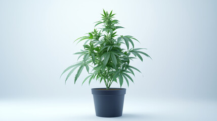 Obraz premium Cannabis plant growing in a dark pot with lush green leaves, isolated on a light background showcasing its healthy appearance.