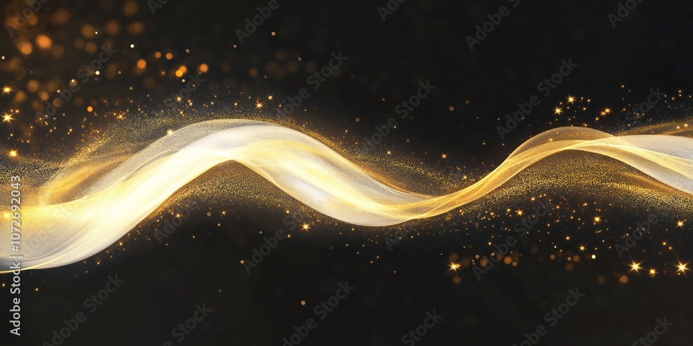 Aufkleber Golden glittering wave on dark background. Light line sparkles and shines. Abstract motion effect. Gold particle background with glow. Luxury modern design.