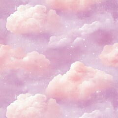 Seamless Pastel Pink and White Clouds with Glitter Texture Pattern - Dreamy Sky Background.
