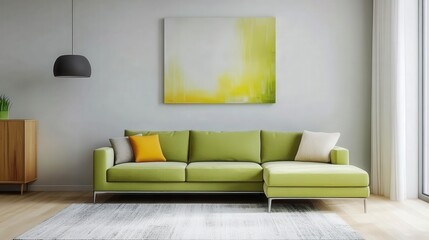 Fototapeta premium Modern living room with stylish green sofa and abstract wall art, creating a cozy atmosphere.