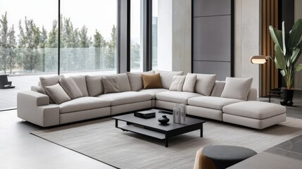Fototapeta premium Modern living room design with a spacious sectional sofa and stylish decor elements.