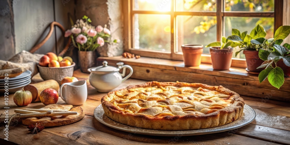 Poster Rustic Apple Pie with Golden Crust on a Wooden Table by a Window with Sunbeams Streaming In