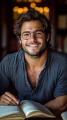A man with glasses is smiling and holding a pen in front of an open book. The scene suggests a relaxed and comfortable atmosphere, possibly indicating that the man is enjoying reading or writing