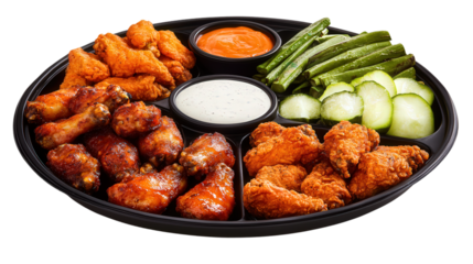 platter of chicken wings, hot, spicy, fried, ranch, dressing, sauce, isolated, transparent, png, background