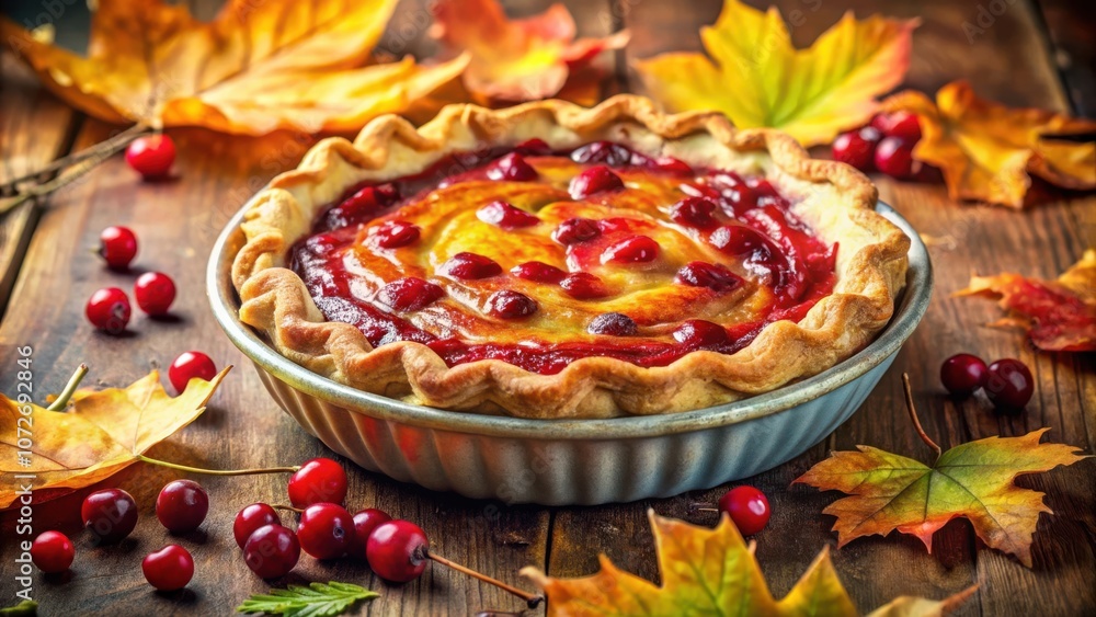 Poster a rustic autumnal centerpiece a cranberry pie with flaky crust and a swirl of red fruit filling, set