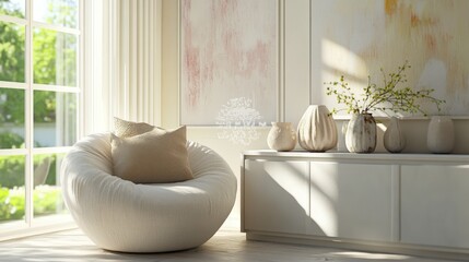 A cozy, modern interior featuring a soft chair, natural light, and elegant decor.