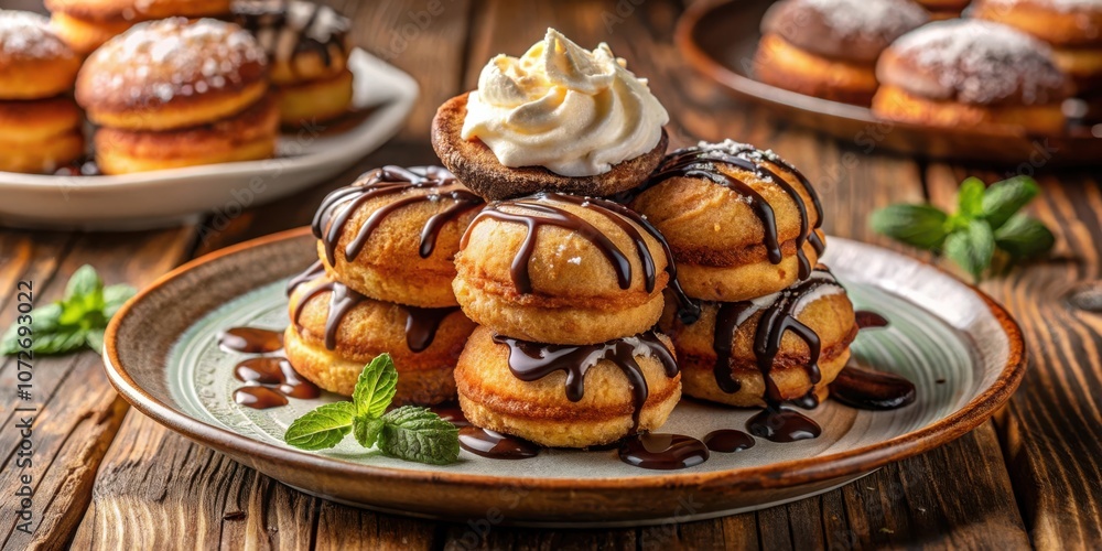Poster a stack of sweet pastry bites drizzled with chocolate sauce and topped with whipped cream, sitting o