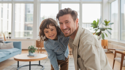 A joyful adult male of Caucasian descent poses with a young boy, both smiling brightly in a sunlit living room with modern decor.