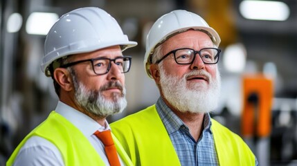 Two senior male engineers in hard hats and high-visibility vests discussing project in industrial