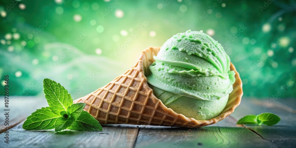 Poster a refreshing scoop of green mint ice cream nestled in a crispy waffle cone, adorned with fresh mint 