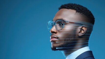 Obraz premium Side profile of man with digital facial scanning lines on blue background.