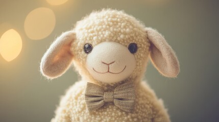 Cute plush sheep toy with a bow tie, sitting against a soft, blurred background, perfect for children's decor and playtime, evoking warmth and safety in home environments.