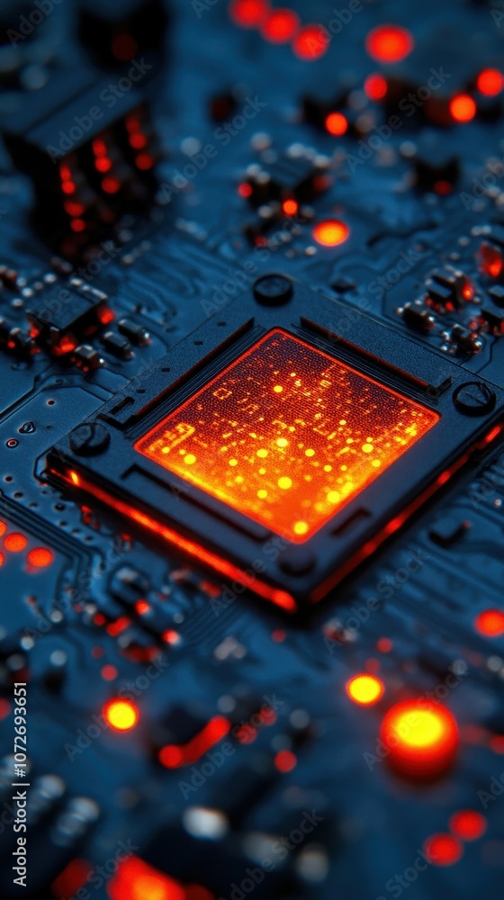 Poster a close up of a computer chip with a red glow. concept of technology and innovation, as well as the 