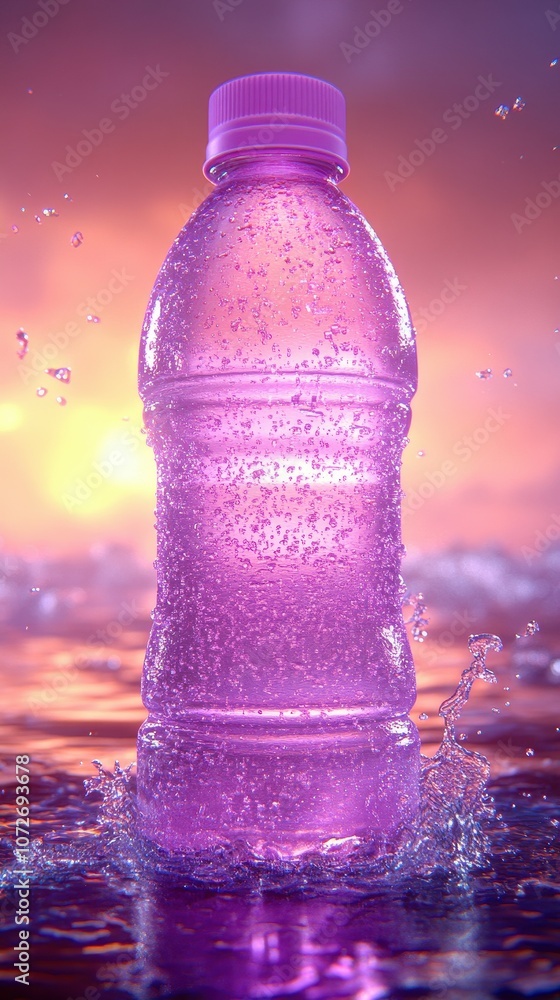 Poster a bottle of water with a purple cap is floating in the water. the bottle is surrounded by water spla