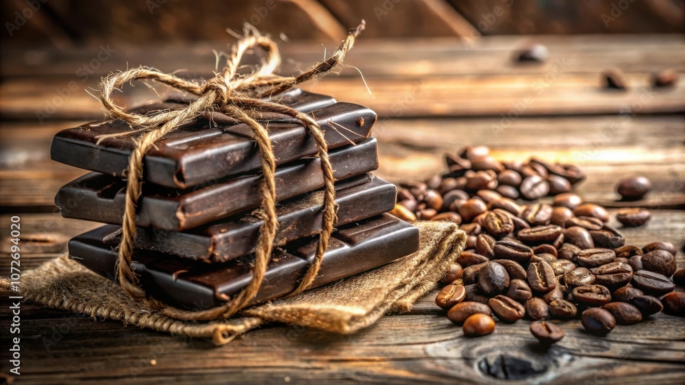 Poster dark chocolate bars tied with twine on a rustic wooden table with coffee beans scattered around