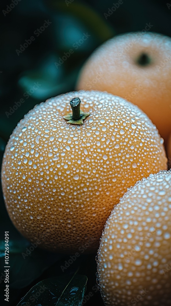 Poster three oranges with a green leaf in the background. the oranges are wet and shiny