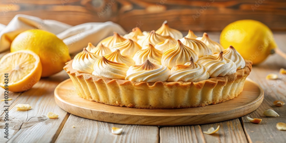 Poster a classic lemon meringue tart with whipped cream topping and fresh lemons on a wooden table