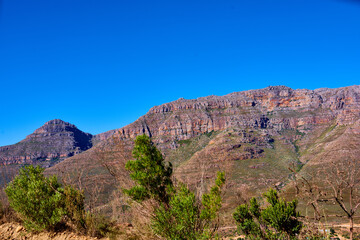 Outdoor, trees and mountains with blue sky, natural and travel with tourism, empty and adventure, Australia, conservation and countryside with landscape, hill and spring with ecology and earth day