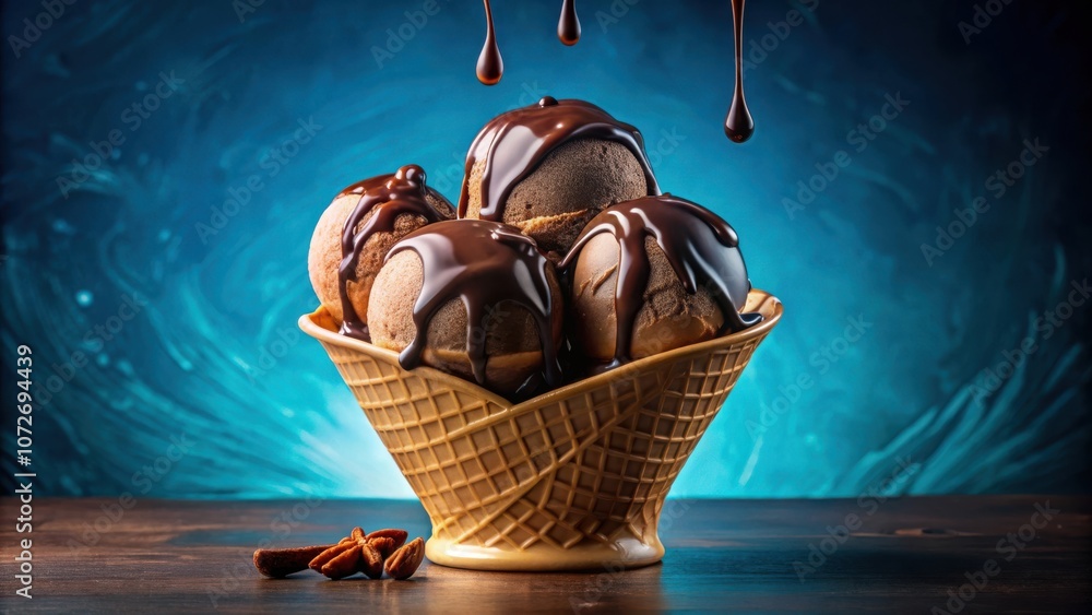 Poster chocolate drizzle over creamy ice cream scoops in a waffle cone on a wooden table