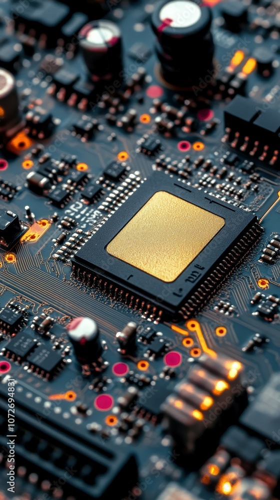 Poster a close up of a computer chip with a gold colored surface. the chip is surrounded by a black backgro