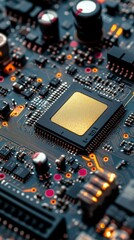 Fototapeta premium A close up of a computer chip with a gold colored surface. The chip is surrounded by a black background