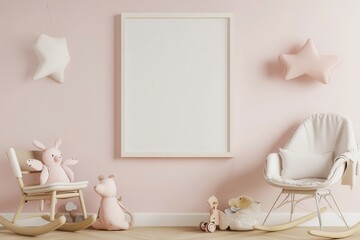 Pink and White Nursery Room with Rocking Chair, Toys, and Blank Frame Mockup.