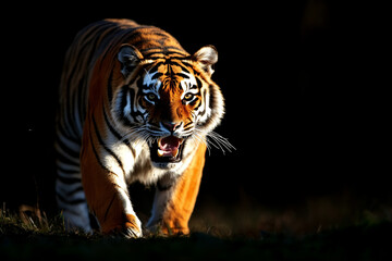 Obraz premium Fierce Tiger Approaching in Dark Background