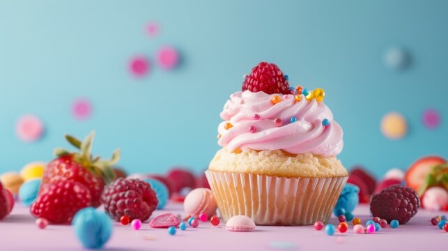 Colorful cupcake with pink frosting and sprinkles on pastel background