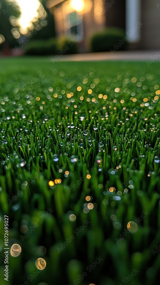 Poster a close up of a lush green lawn with dew drops on the grass. the dew drops create a sparkling effect