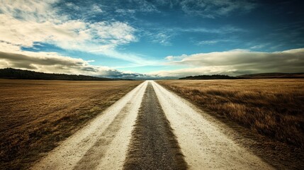 Naklejka premium Rural Dirt Road Leading To Horizon With Blue Sky And Clouds In The Background - Landscape Photography.