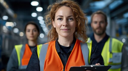 Female factory worker in high-visibility vest holding a clipboard with colleagues in background.