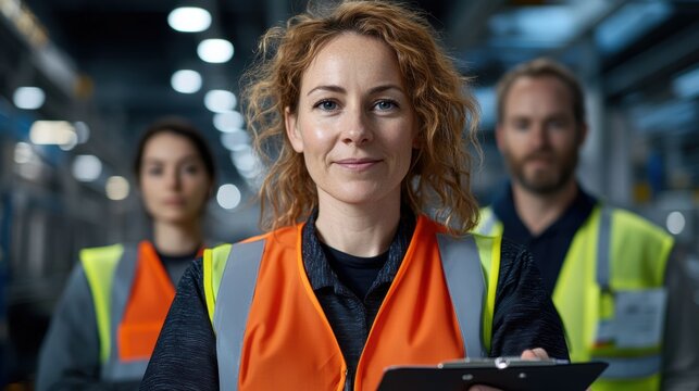 Female factory worker in high-visibility vest holding a clipboard with colleagues in background.