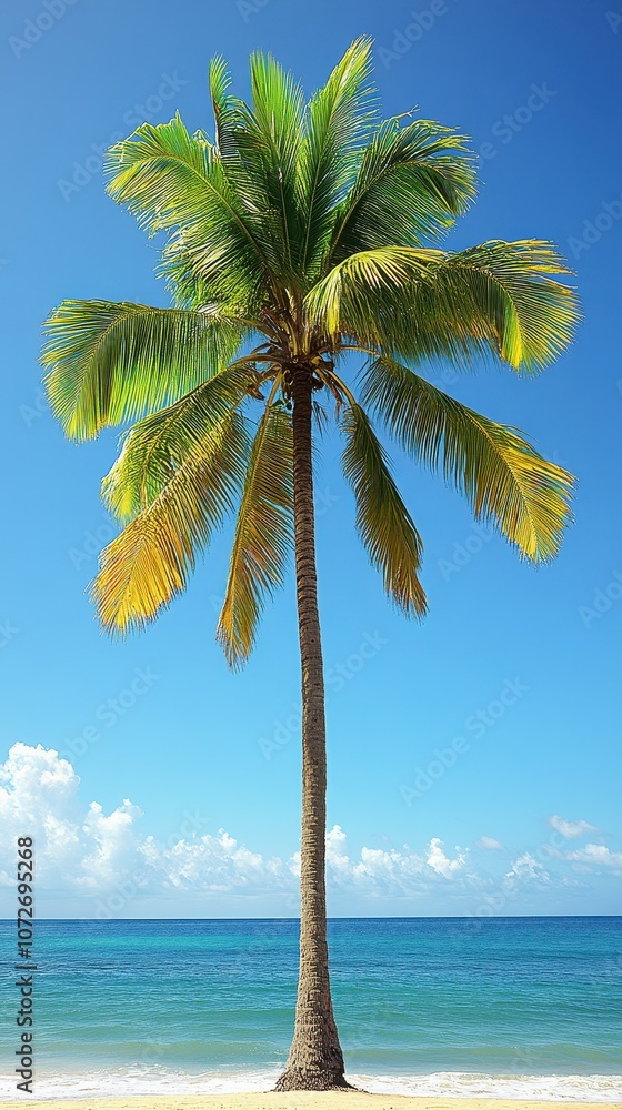 Poster a palm tree stands tall on a beach with a clear blue sky above. the tree is the only object in the i